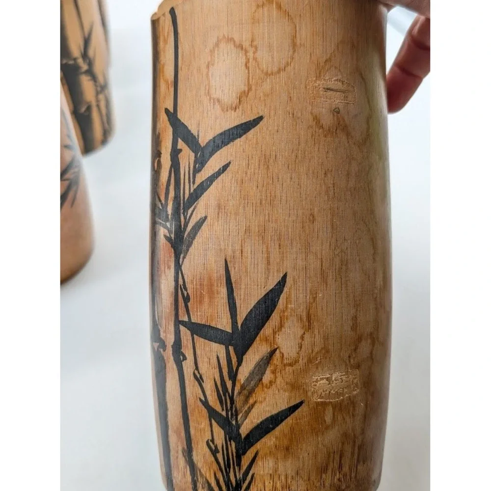 7 Set Vtg Natural Bamboo Cups Pitcher Hand Painted Made in Japan MCM Bar Tiki